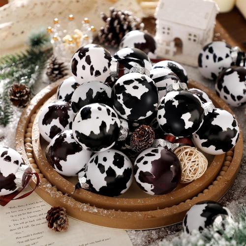 Syhood 24 Pcs Cowhide Printed Christmas Ball Ornaments 2.4 Inch Plastic Western Cow Ornaments Country Western Party Decorations Rustic Holiday Xmas Baubles for Tree Home Gift