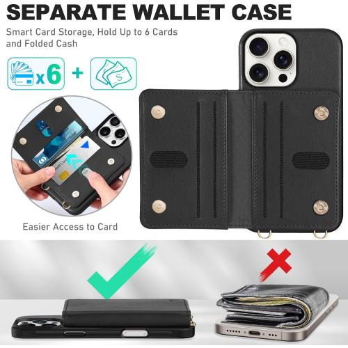 TUCCH Crossbody Wallet Case for iPhone 16 Pro (6.3), RFID Blocking [6 Card Slots][Detachable Adjustable Lanyard], Magnetic Flip Wallet PU Leather Shockproof Phone Cover for iPhone 16 Pro, Black