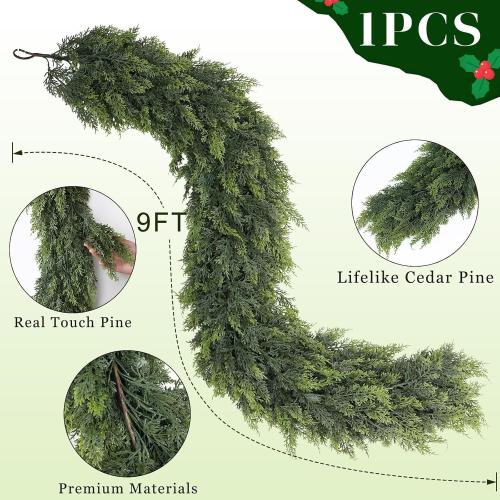 Real Touch Christmas Cedar Garland -9ft Artificial Garlands Faux Cedar Fake Pine Needles Garland for Fireplace,Table,Window,Stairs,Mante,Holiday Indoor Outdoor Xmas Decor(1PCS)