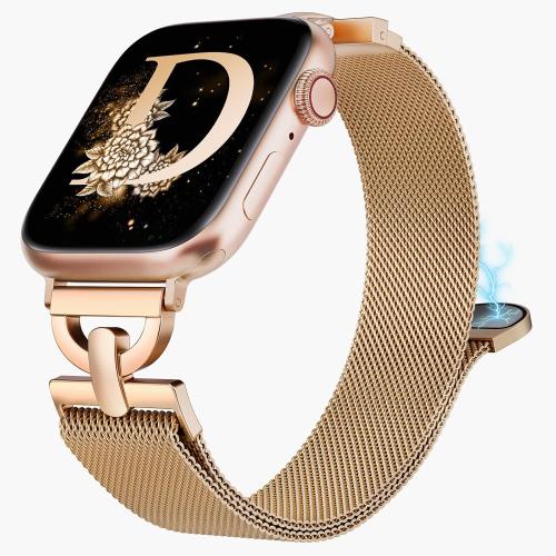 Stainless Steel Magnetic Loop Compatible with Apple Watch Band 38mm 40mm 41mm 42mm Women Metal Mesh D-shaped Clasp Strap for iWatch SE Series 10/9/8/7/6/5/4/3/2/1/Ultra(1/2) Rose Gold