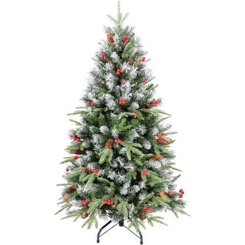 4ft Unlit Christmas Tree Pre-Decorated Snow Flocked with Pine Cones & Red Berries Artificial Xmas Tree for Holiday Office Outdoor Christmas Decoration(Green White)