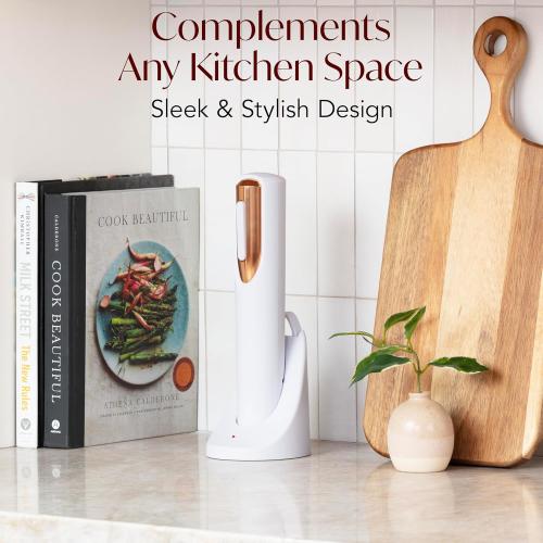 Rechargeable Electric Wine Bottle Opener - Charging Base and Foil Cutter Included with Automatic Wine Opener - Electric Corkscrew for Easy Cork Removal - Best Gift for Wine Lover (White & Rose Gold)