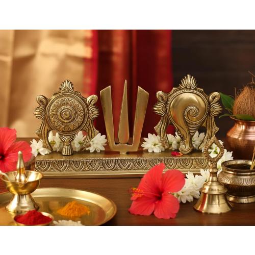 Size 8.75 eSplanade Brass Shankh Chakra Namah Showpiece | Shankha Chakra Tilak | Shankha Gada Padma | Padmanabha Swami | Vishnu | Home Decor - Length: 8.75 Inches