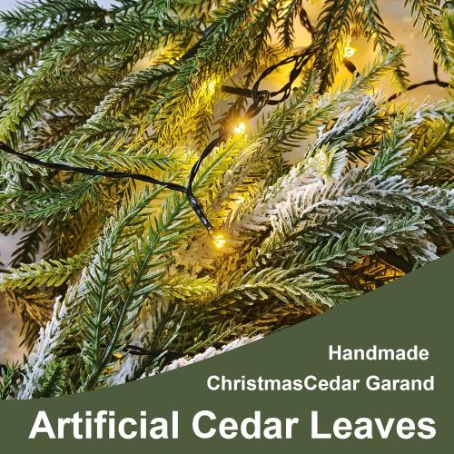 9FT Christmas Garlands Norfolk Pine Garland, Real Touch Artificial Winter Pine Garland, Green Artificial Greenery Garlands with Snowflake for Wall, Mantle, Table, Indoor, Outdoor Christmas Decorations