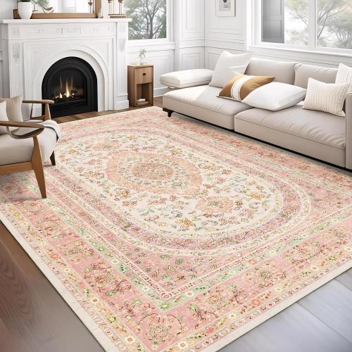 8x10 Area Rugs Washable,Pink Rug for Living Room Bedroom Dining Room,Large Boho Vintage Bohemian Distressed Farmhouse Carpet Non Slip,Blush Floral