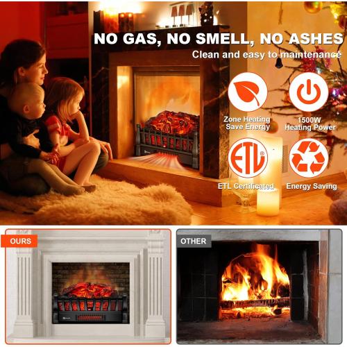 Electric Fireplace Logs Inserts Heater with Infrared Remote Controller 5 Flame Brightness 24 H Timer Overheating Protection for Home and Office Decor Black