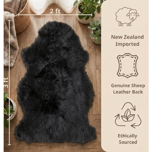 Woolous Black Sheepskin Rug, Genuine New Zealand Lambskin Wool, Real Sheep Skin Throw for Bedroom, Living Room, Sofa, or Chair (Single Pelt, 2x3 ft)
