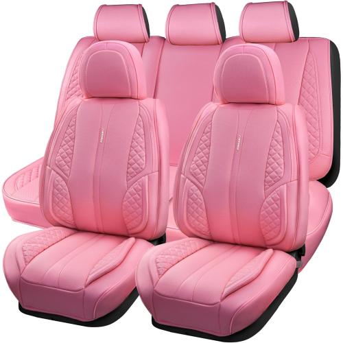 CAR PASS Nappa Pink PU Leather Car Seat Covers Full Set Cute for Women Waterproof Cushioned,Universal Fit for Sedan SUV Pick-up Truck,Automotive, Anti-Slip Front and Backseat Luxury Premium (Pink)