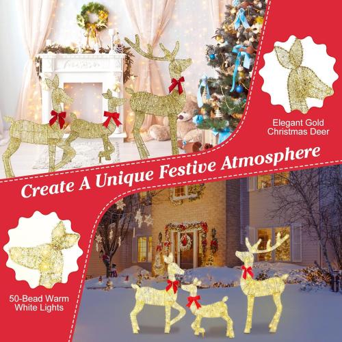 Lighted Christmas Reindeer Decoration, 3 Piece 2D Lighted Christmas Deer Family Set with 8 Lighting Modes, Outdoor Deer Decorations for Yard Patio Lawn Garden Party