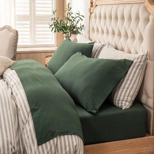 PURE ERA Jersey Knit 4pc Bed Sheet Set 100% T-Shirt Cotton Super Soft Comfy Breathable Fits Mattress Up to 20 Extra Deep Pocket (Solid Forest Green, King)