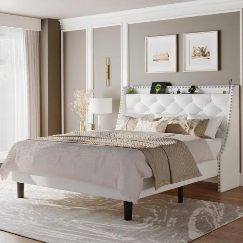 White Feonase Bed Frame with Velvet Luxury Wingback Upholstered Button Tufted Storage Headboard, Full Platform Bed with Charging Station, Sturdy Wooden Slats Support, Easy Assembly, White