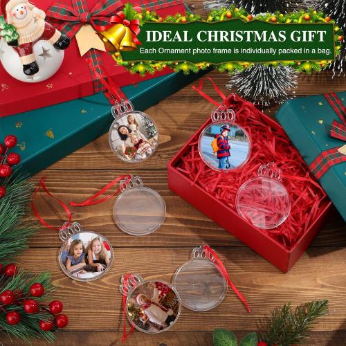 24 Pcs 2025 Christmas Clear Round Frame Ornaments with Red Ribbon, Acrylic Blank Round Photo Frame Bulk, Hanging Photo Ornaments for Christmas Tree Decoration (Crown Style)