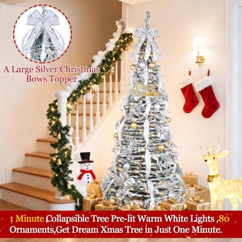 6 Ft Flocked Pop up Christmas Tree,Prelit 200 LED Lights,Opens Instantly,Fully Decorated 80 Ornaments,8 Mode Warm White Light & Timer,Foldable Xmas Tree Fire-Resistant Collapsible Outdoor Indoor Decor