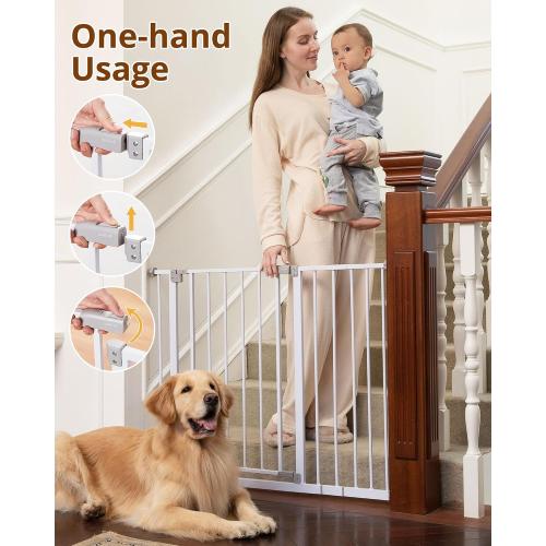 InnoTruth 28.9-42.1 Wide Baby Gate for Stairs & Doorways, 30 Tall Pressure Mounted Dog Gates for Stairs Expandable One-Hand Open, Easy Step Walk Through Dual Lock Metal Pet Gates for Dogs, White