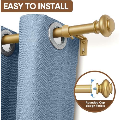 Gold Curtain Rods for Windows 66 to 120 Inches Adjustable Decorative 1 Inch Diameter Single Window Curtain Rod Set with Classic Finials, Gold Finishing