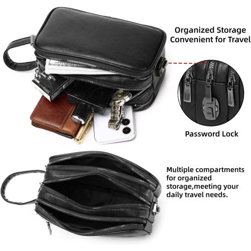 Men's Dopp Kit Toiletry Bag with Lock, PU Leather Travel Clutch Bag, 3 Compartment Organizer for Business Gym Travel