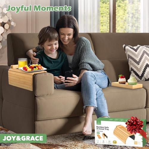 Joy&Grace Couch Arm Tray, 3-in-1 Magnetic Detachable Sofa Arm Table with Phone and Tablet Holder Bamboo Couch Cup Holder, Foldable Sofa Armrest Tray for Eating, Drinks, Phones (Natural)