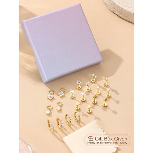 THUNARAZ 10Pairs Hypoallergenic Flat Back Earrings for Women, 14K Gold Plated Hoop Stud Earrings Set for Sensitive Ears Helix Tragus Cartilage Conch Earring for Multiple Piercings with Pendant