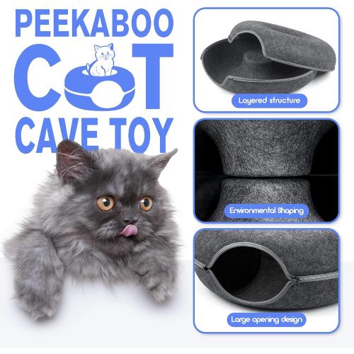 Size 24 x 24 x 11, Dark Grey, 2 PCS Tunnel Bed Peekaboo Cave for Multiple & Large Cats, Scratch Resistant, Washable & Detachable Round Felt Donut Tunnel up to 24 Lbs, 24 x 24 x 11, Dark Grey, 2 PCS