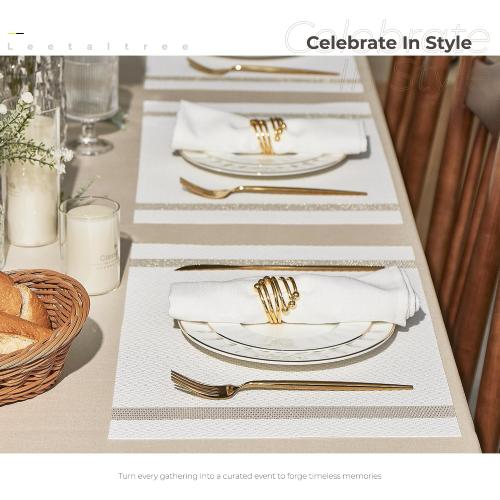 Leetaltree Sparkling White Vinyl Woven Placemats Set of 4 - Washable Dining Table Placemats Striped, Suitable for Wedding, Anniversary, Daily Use - Sparkling Table Decor
