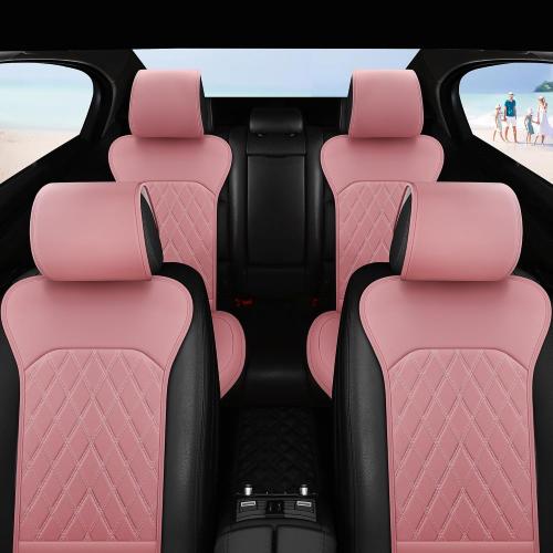 Front Car Seat Covers - Leather Seat Covers with Storage Pocket and Two Belt Pads, Anti-Slip Waterproof Universal Seat Covers for Cars Fit Cars Trucks SUV(Pink,2 Pack)