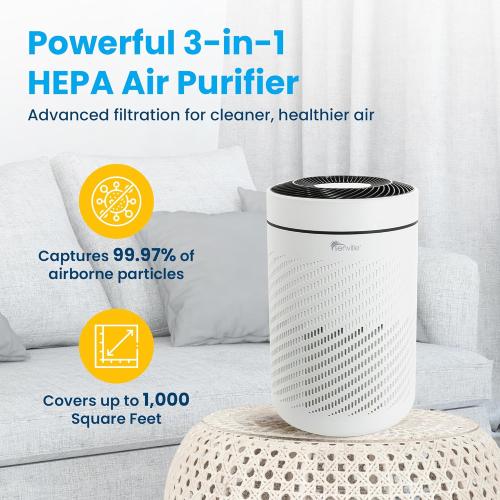Senville Air Purifier for Home Allergies, Pet Hair in Bedroom, 3-in-1 HEPA Filter, Dust, Smoke, Pollutants, Odor, Flow 500, White
