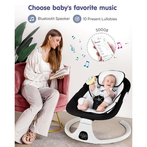 Electric Baby Swings for Infants to Toddler Baby Swing with 5-Speed 3-Seat Positions 5-Point Carabiner,with Bluetooth Music 10-Preset Melodies (Black White)