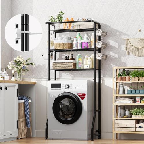 Simple Trending Over The Toilet Storage Cabinet, Metal Bathroom Shelf Organizer with Paper Holder and Hooks, 3 Tier, Black