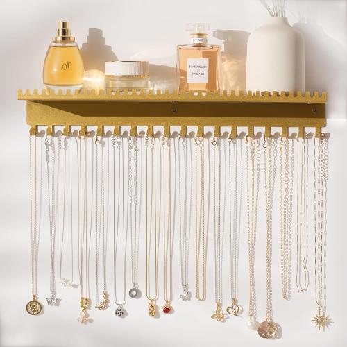 Necklace Holder Wall Hanging Organizer: Wall Mounted Jewelry Shelf with 56 Hooks and Tray, Display Hanger for Kids, Girls and Women, Gold & Metal