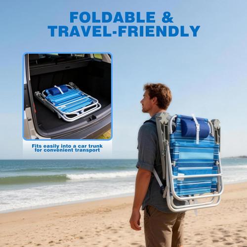 SUNNYFEEL Extra Wide 28 Low Beach Chair 5 Position Lay Flat, XL Oversized Portable Folding Camping Chairs with Cup Holder for Outdoor/Trip, Lightweight Foldable Backpack Beach Chair for Adults