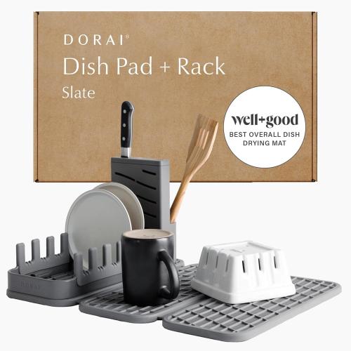 Dorai Home Collapsible Dish Drying Rack and Stone Pad – Foldable Drying Rack with Instant-Dry Stone Mat – Space-Saving Collapsible Drainer for Kitchen Counter - 19.9 x 15.2 (Slate)