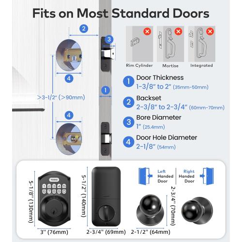 TEEHO TE001K Keyless Entry Door Lock with Handle, Electronic Keypad Deadbolt with 2 Knobs, High-Security Front Door Handle Set for Home & Rental, Smart Auto-Locking, Easy Install, Matte Black