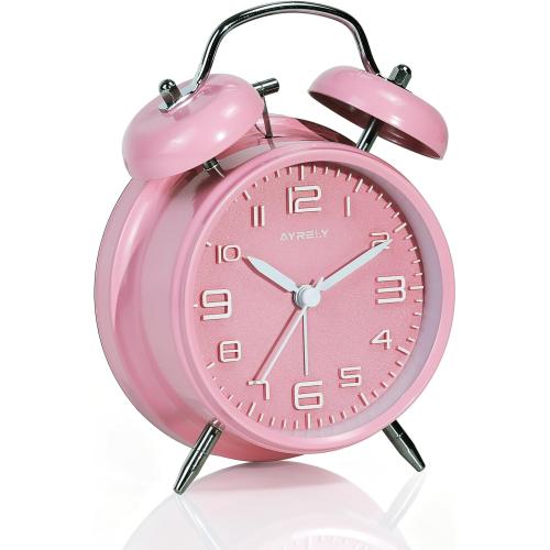 AYRELY® Super Loud Twin Bell Alarm Clock for Heavy Sleepers Adults, 4-Inch Retro Silent Non-Ticking with Night-Light, 3D Raised Number Dial, Battery Operated for Bedroom Bedside (3D Dial – Pink)