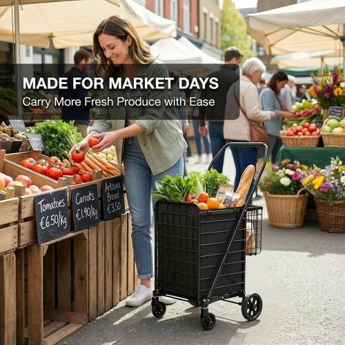 Folding Shopping Cart with Waterproof Liner & 360° Swivel Wheels | Collapsible Grocery Cart for Easy Transport, Ideal for Laundry, Shopping, and Travel – 132 LBS Capacity