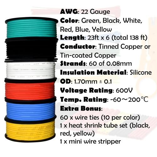 22 AWG Stranded Wire Kit – Silicone Coated Copper Wires 22 Gauge Pre-Tinned 23ft/7m Each Spool, 6 Colors (Black, Red, Yellow, Green, Blue, White), Electrical Jumper Wire Hook Up Wire Kit from Plusivo