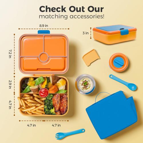 Kids Bento Lunch Box with Thermo: 8oz Insulated with Leak Proof Vacuum - 4 Compartment Hot Food Jar Insulated Lunch Bag - Two Temperature Zones - for Toddler Girls Boys School Trvael (Blue)