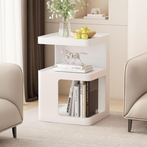 White Modern Side Table with Storage, Metal End Table for Couch, Small Bedside Table for Living Room, Bedroom, No Assembly Required(13.8 D x 13.8 W x 21.2 H)