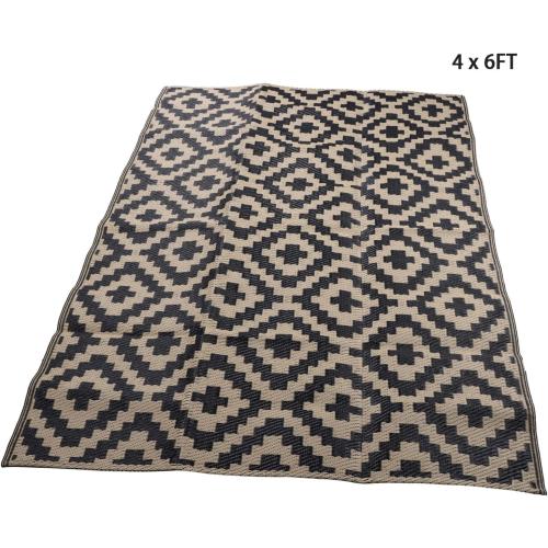 Black Beige Outdoor Carpet, Large Camping Mat, Reversible Plastic Woven Lawn Mats Suitable for Patios, Decks, Benches, Picnics, and Other Outside Spaces