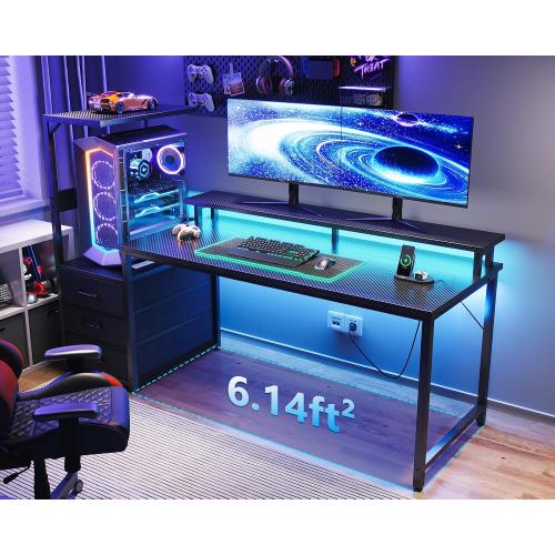 AODK Gaming Desk w/PC Showcase Stand, 59 Reversible, RGB LED, Black | Elevated stand fits Lian Li O11, Hyte Y60. Triple drawers hide cables, controllers, clutter