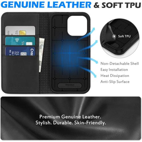 SHIELDON Case for iPhone 15 Pro Max 6.7, Genuine Leather Wallet Folio [Magnetic Closure] [RFID Blocking Card Slot] [Kickstand] Full Protection Case Compatible with iPhone 15 Pro Max 2023 - Black