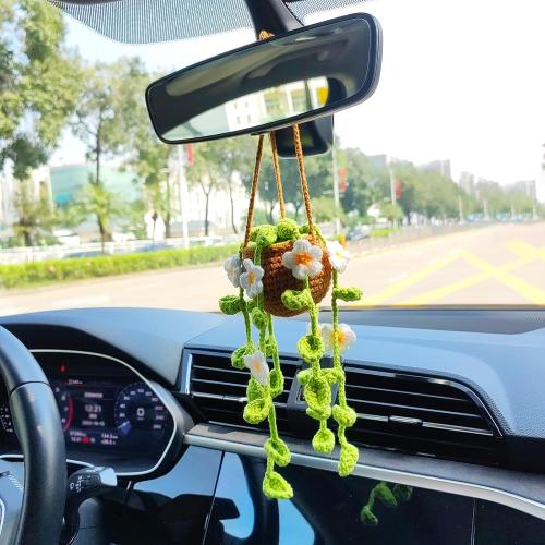 Potted Plants Crochet Rear View Mirror Accessories, Hand Crocheted (Glue Free) Safe Car Hanging Ornament, Cute Car Accessories for Women Interior