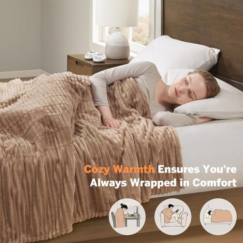 Serta Electric Blanket, Soft, Ribbed, Plush Heating Blanket King for Office, Couch, 1-12 hr Auto Shut Off Timer, 10 Lv Heating, ETL Certified, King 100x90 Chestnut Brown