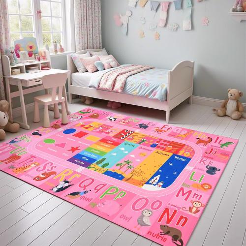 Pink Kids Rug for Playroom Classroom, ABC Alphabet Numbers Play Toddlers Rugs, Learning Educational Bedroom Floor Mat, Washable Baby Carpet for Girls Room, Nursery, Preschool, Daycare