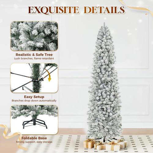 HOLLO STAR 7.5 ft Flocked Prelit Christmas Tree with 348 LED Lights, App Control, Skinny Artificial Pencil Christmas Tree, Multi-Color RGBW Lights, 960 Branch Tips, for Small Space, Home, Party