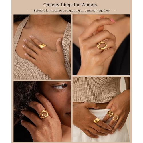 ZOERAY Chunky Gold Rings for Women Non Tarnish Trendy 14k Gold Plated Adjustable Signet Band Stackable Thumb Ring Set Open Twist Dome Statement Stacking Rings Jewelry Gifts for Women Size 5-10