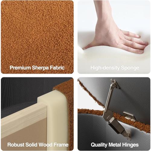 Size 52 Color brown Sherpa Storage Ottoman Bench for Bedroom, Brown End of Bed Bench with Storage, Upholstered Boucle Storage Bench with Metal Stand and Hinges, Oval Ottoman for Living Room, 52 Inch