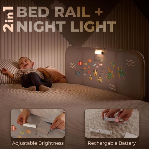 GREY With Fish Toddler Bed Rail with Night Light - Foldable Bed Side Rails - Fits for Most Beds Bed Rails for Full Size Bed, Queen Size Rails, Twin Rails - Portable Fence for Baby - 48inch