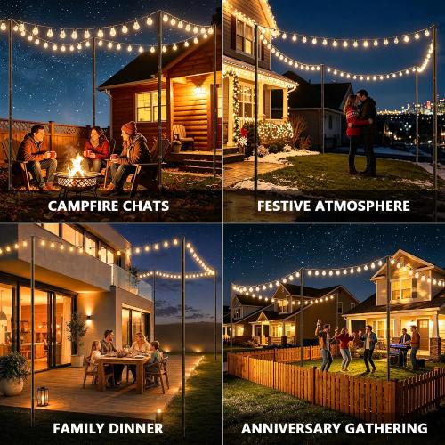 10Ft String Light Poles 4 Pack,Poles for Outdoor String Lights with Fork and Fence Clamp,Hanging Lights Metal Stand Post for Deck Patio Backyard Garden Decorations