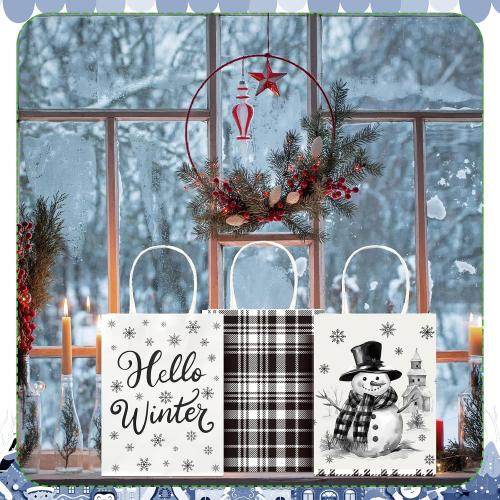 Fourluoo 30 Pack Winter Paper Gift Bags with Handles Black and White Winter Snowman Tote Bags 5.9 x 3.1 x 8.3 Inch Christmas Party Favor Snow Pine Candy Gift Handbag for Xmas Party Supplies