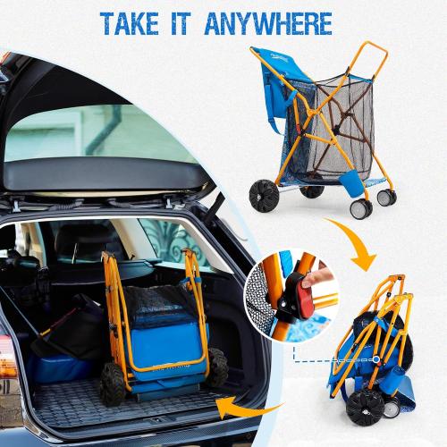 Heavy-Duty Beach Cart with 100 lbs Capacity - Foldable Beach Wagon with Removable 20L Cooler Bag, Sand Chair Holder, Umbrella Stand & Large Mesh Basket for Beach, Camping, Picnic
